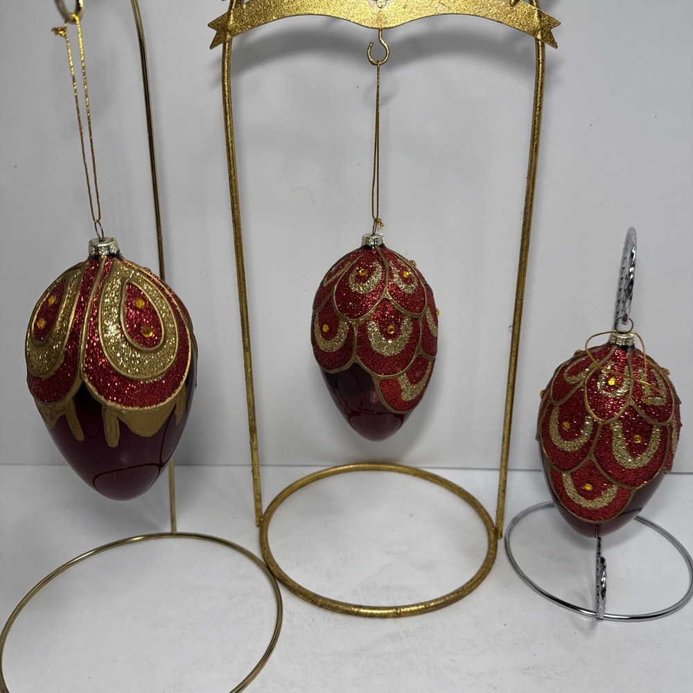 3 Fancy Egg-Shaped Feather Design Glass Christmas Ornaments Gold Paint Glitter‎